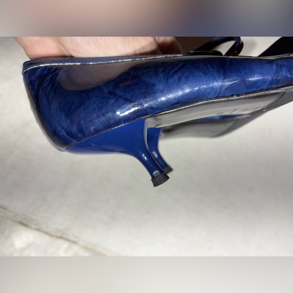 Ingledew’s Vintage Patent Leather Blue Pointed Toe Kitten Heel Spanish Heels - Picture 10 of 13